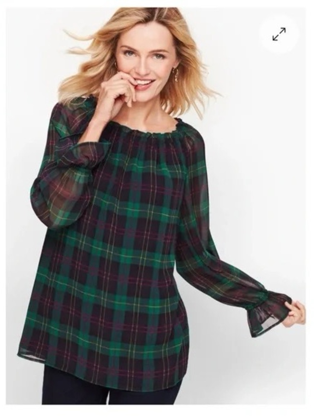 Talbots tartan plaid popover smocked neckline ruffled cuffs holiday blouse XS